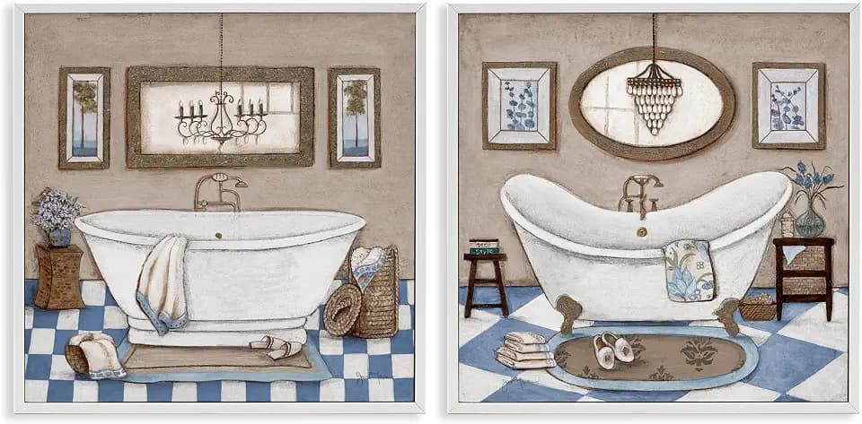Tiled Bathroom Views Floral, 17 x 17 Inch Framed Giclée Print Set