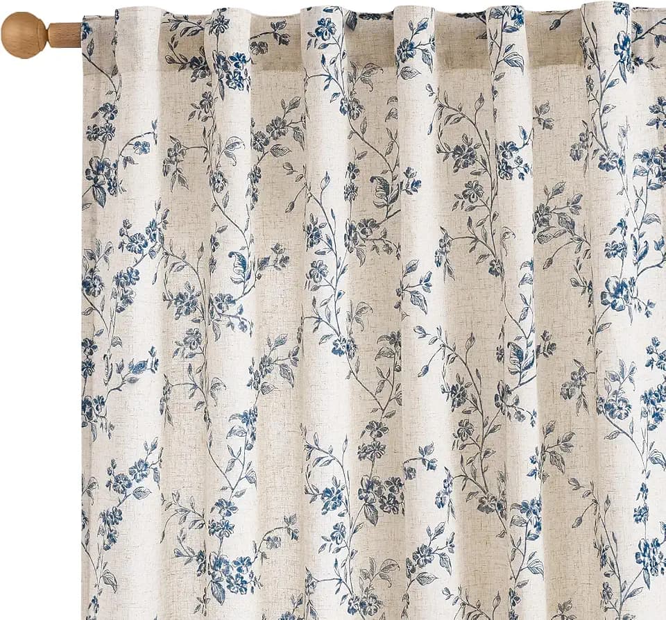 Lazzzy Blue Vintage Floral Linen Curtains Farmhouse 50W X 84L 2 Panels