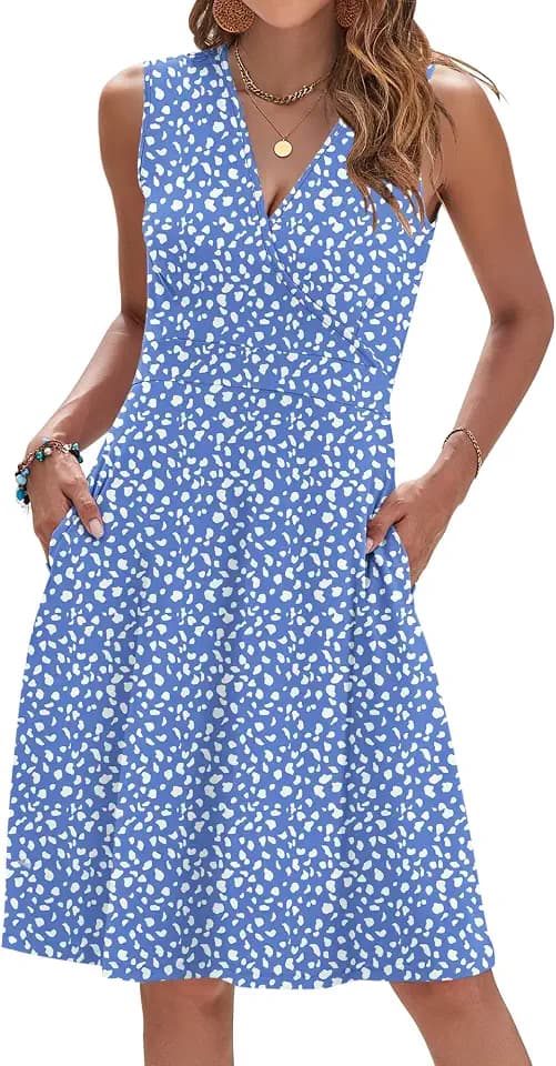 AUSELILY Womens Floral Summer Dress Sleeveless V Neck Faux Wrap Pockets