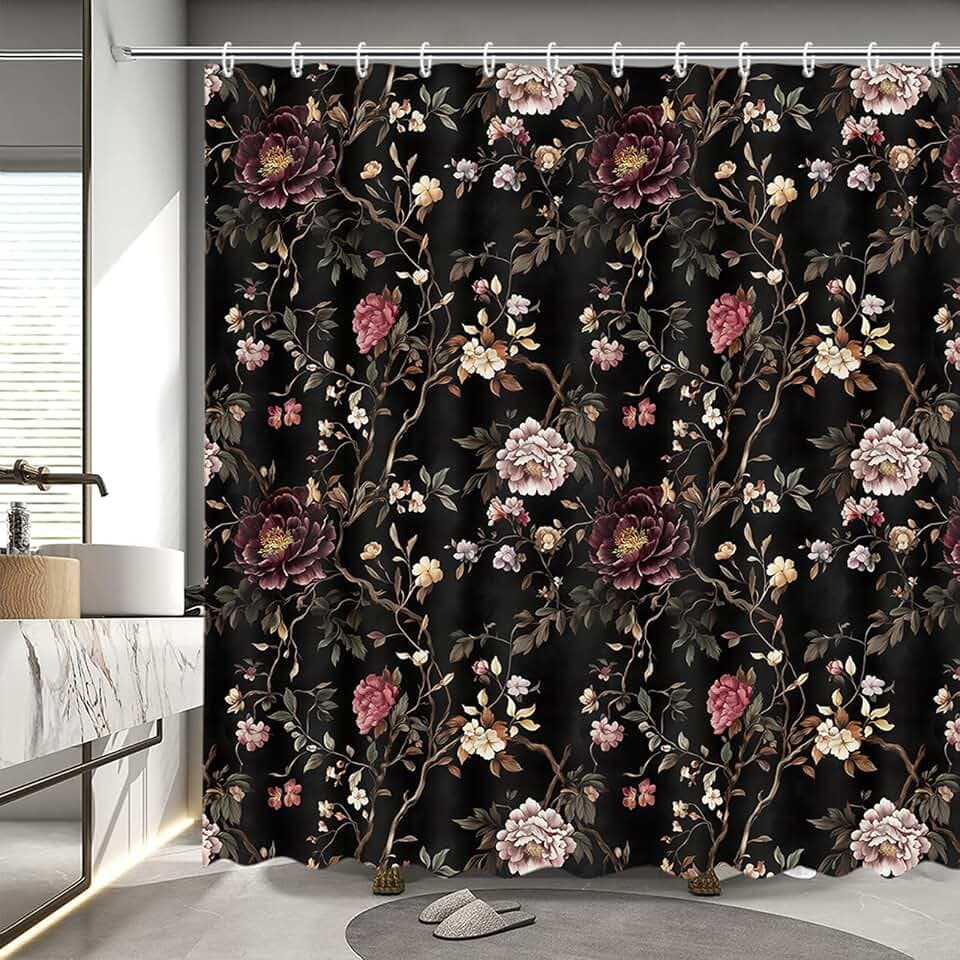 MEHOFOND Black Floral Shower Curtain Retro Flower Rustic Bath Curtain