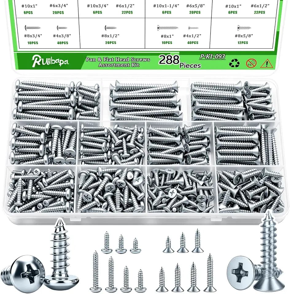 288PCS Screws Assortment Kit,Self Tapping Wood Screws #4/#6/#8/#10 Screw Assortment Kit,Round Head Screws Length 3/8" to 2",Sheet Metal Screws Assorted