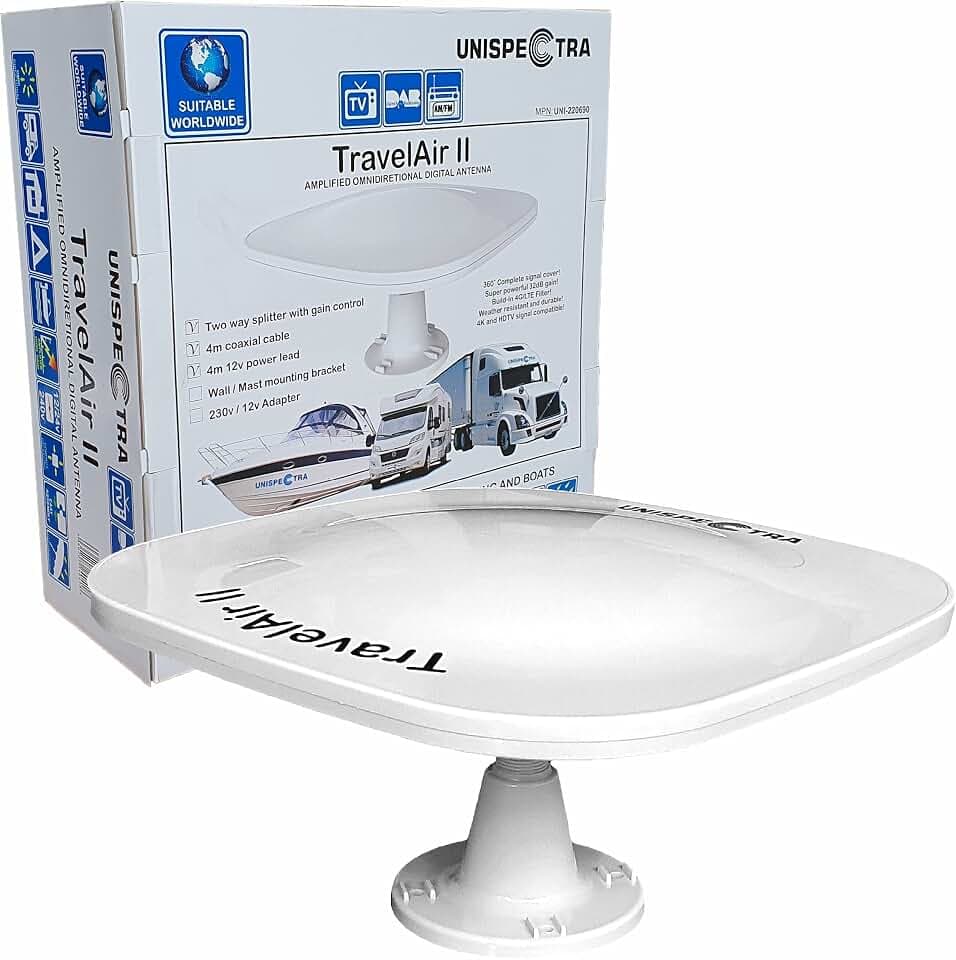 TRAVELAIR-II Digitale HD-TV-Antenne mit großer Reichweite, 360° omnidirektionale 32dB High Gain Booster UHF FM DAB. Stromversorgung über 12V /24V Ideal für Wohnmobil, LKW, Wohnwagen, Marine (Antenne)