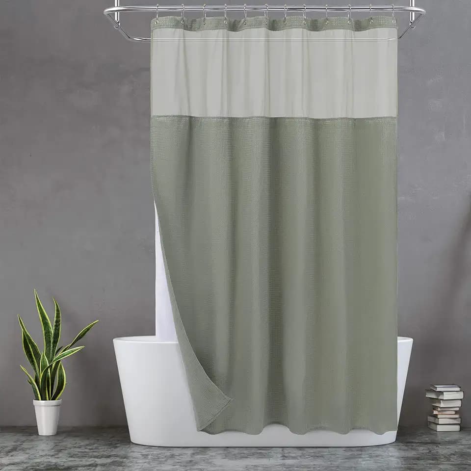 N&Y HOME Waffle Weave Shower Curtain with Snap-in Liner Sage Green, 71x72