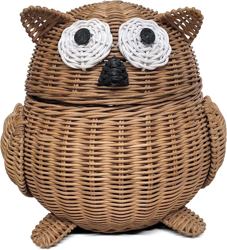 G6 COLLECTION Owl Rattan Storage Basket With Lid Decorative Home Decor Hand Woven Shelf Organizer Cute Handmade Handcrafted Gift Art Decoration Artwork Wicker Hoot Owl (Large, Brown)