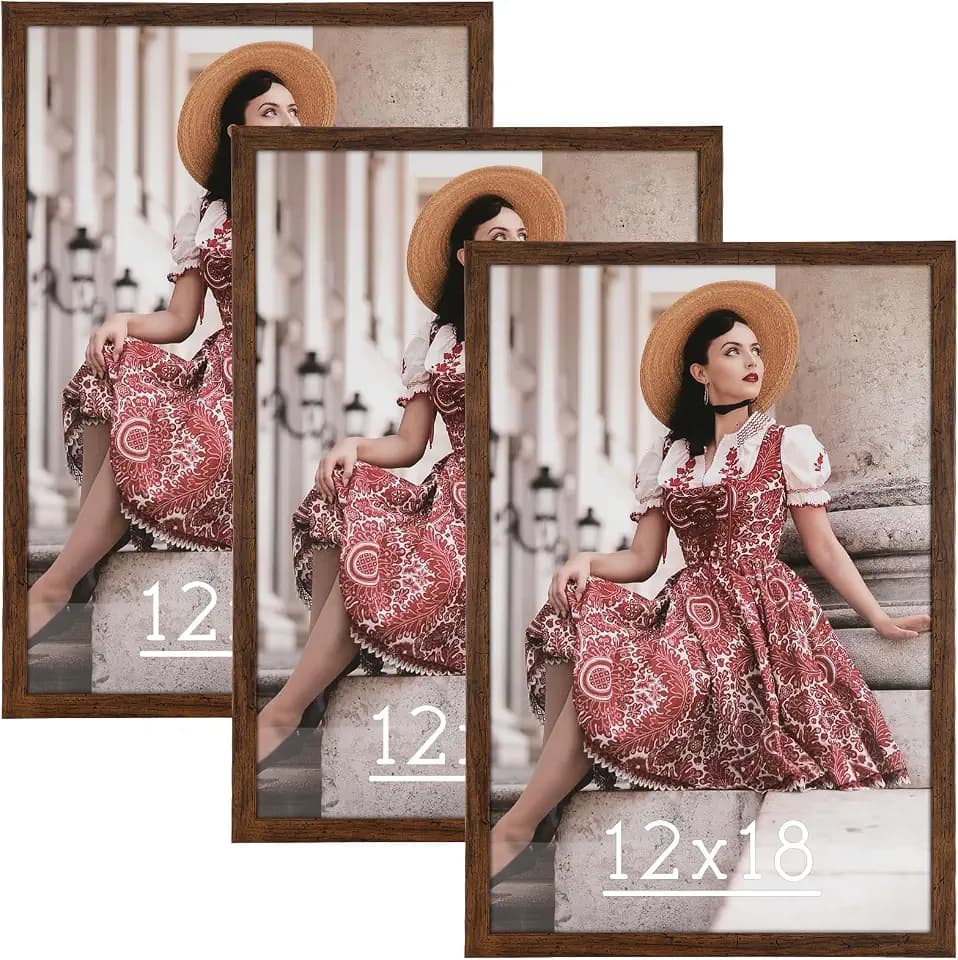 Dark Brown 12x18 Frame Set of 3 - Rustic Woodgrain 12 x 18 Poster Frame with Plexiglass for Wall Gallery Display, 12x18 Picture Frame for Puzzles, Artwork, Photos and Posters - Ideal Christmas Day