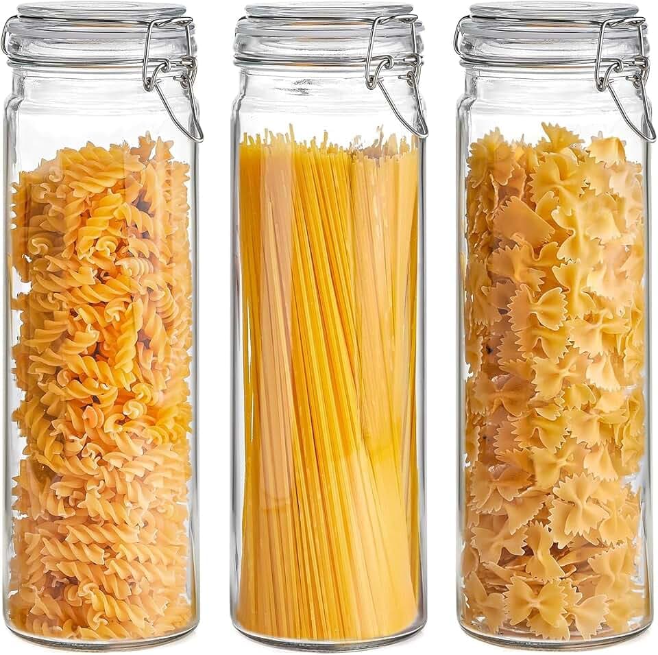ComSaf Tall Glass Pasta Containers with Airtight Lids 68 oz 3 Pack Canister