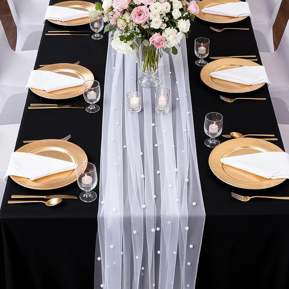 Set of 6 Pearl Table Runners 10ft White Tulle Fabric Lace Table Runners 30 x 120 Inch Birthday Party Dining Tables Cover for Wedding Party Baby Shower Birthday Home Decor, White