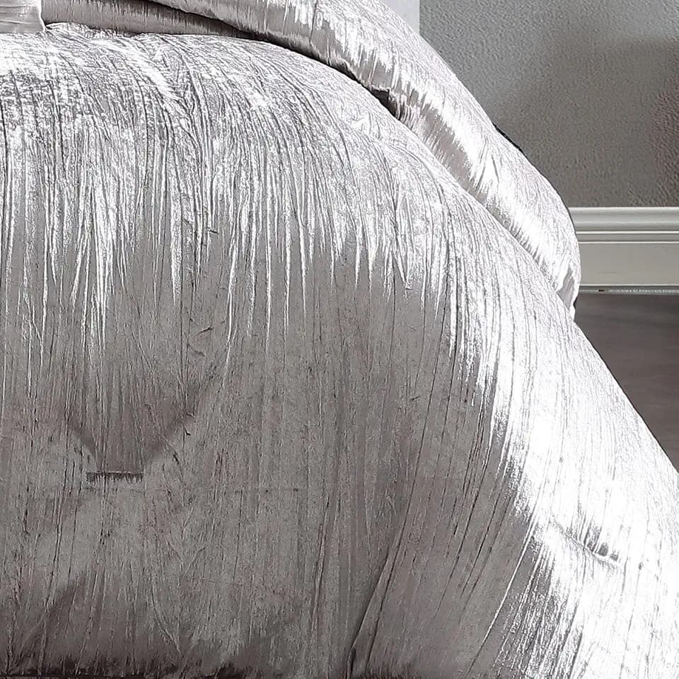Riverbrook Home Turin Crinkle Velvet Comforter Bedding Set, King Size, Glam Textured Décor, Silver, 7 Pieces