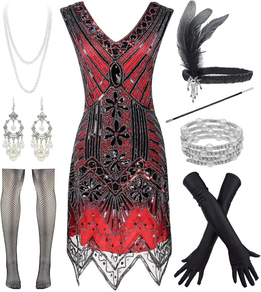 Women 1920s Short Prom Dresses V Neck Sequins Cocktail Flapper Plus Dress 20s Accessories Set