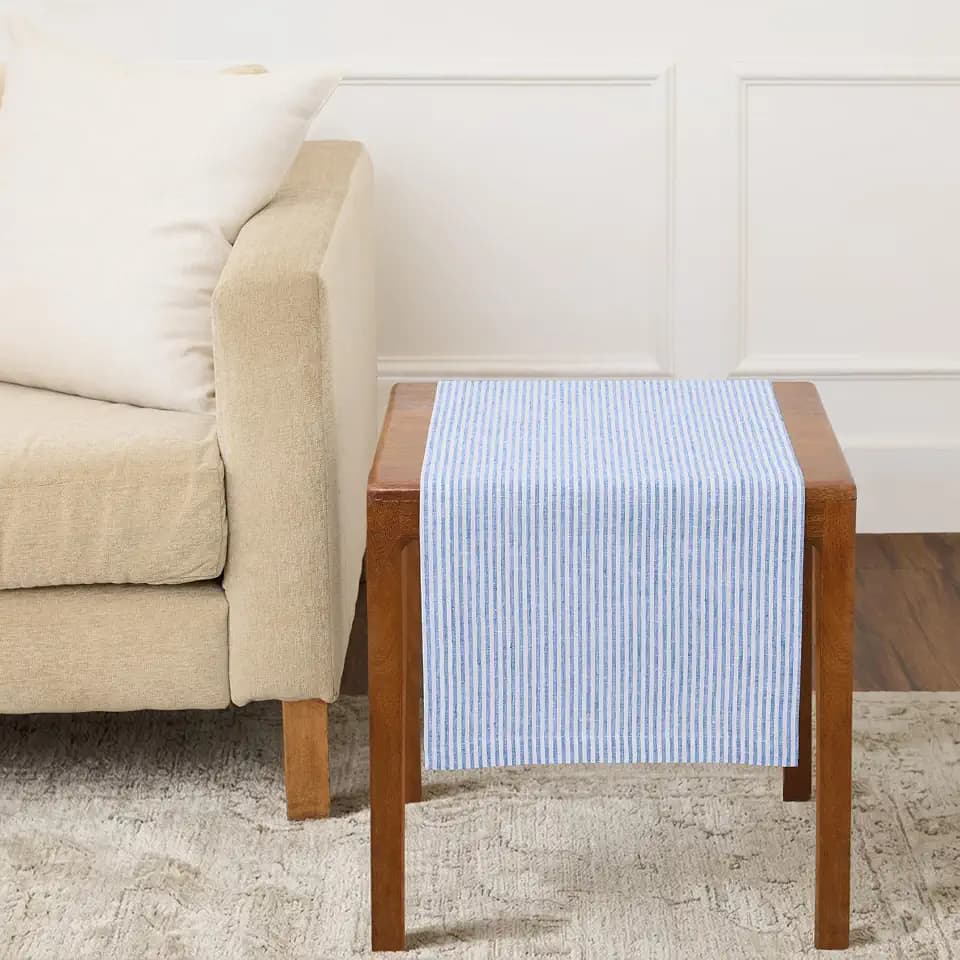 Solino Home 100% Pure Linen Table Runner, 14 x 36 in, Blue and White Stripe