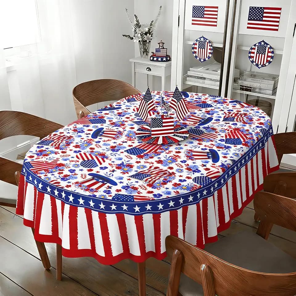 Oval 4th of July Tablecloth 54x72 Inch, Farmhouse Patriotic Star Table Cloth, Polyester Waterproof Wrinkle Resistant Independence Day Table Cover for Memorial Day Decorations Decor