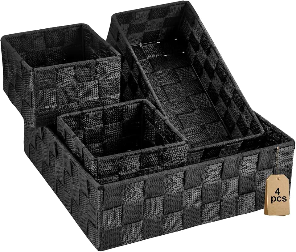 Small Black Baskets, 4 Piece Multi Size Black Woven Baskets with Metal Frame, Closet Shelf Dresser Bathroom Storage, Vanity Drawer Bedroom Office Organization