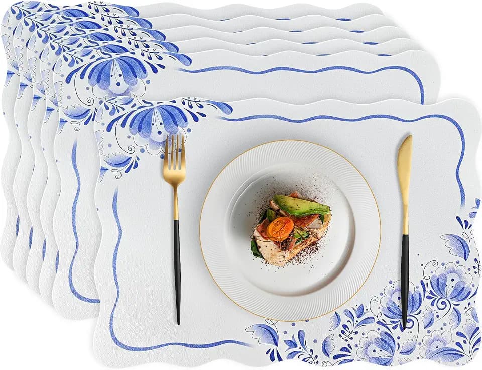 Faux Leather Placemats Set of 6, 12 x 17 Inch Scalloped Blue Floral Table Mats Waterproof Oil-Proof Heat Resistant Wipeable PU Place Mats for for Kitchen, Dining, Outdoor