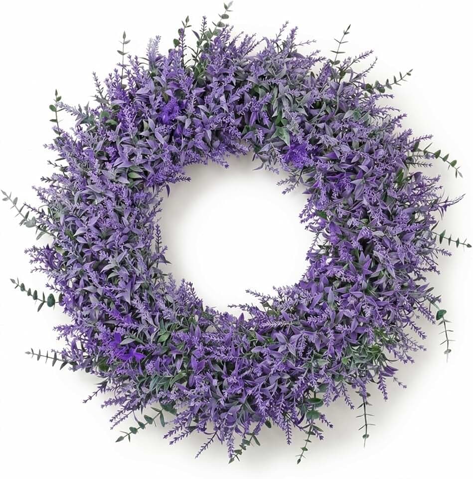TOCHGREEN 23 Inch Lavender Wreath for Front Door Artificial Spring Summer Purple Lavender Floral Wreaths All Seasons Eucalyptus Wreaths for Indoor Outdoor Outside Wall Home Farmhouse Window Decor