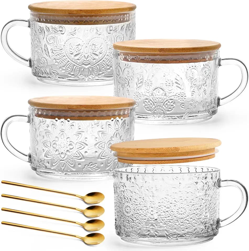 YORY 14oz Vintage Glass Mugs with Bamboo Lids & Spoons, 4-Pack gift set