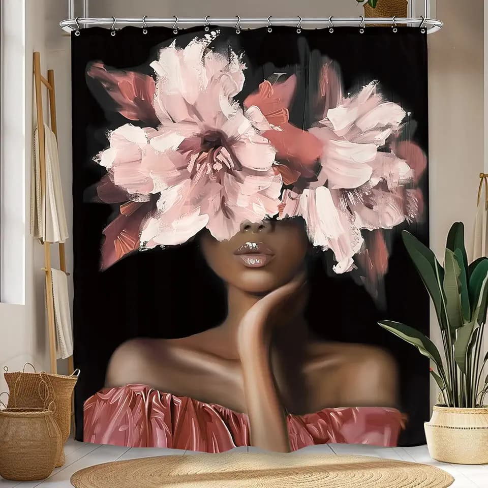 African American Shower Curtain 60Wx72L Inch Black Girl Woman Pink Flower Lady Oil Painting Art Bathroom Set Accessories Decor with 12 Pack Hooks