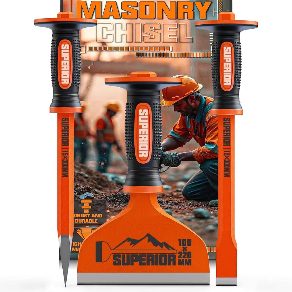 3Pcs Heavy Duty Masonry Chisel Set with Hand Guard Concrete Chisel Tools Including 12 Inch Point 12 Inch Flat, 8.5 Inch Brick Chisels, for Demolition, Mason, Carving, Concrete