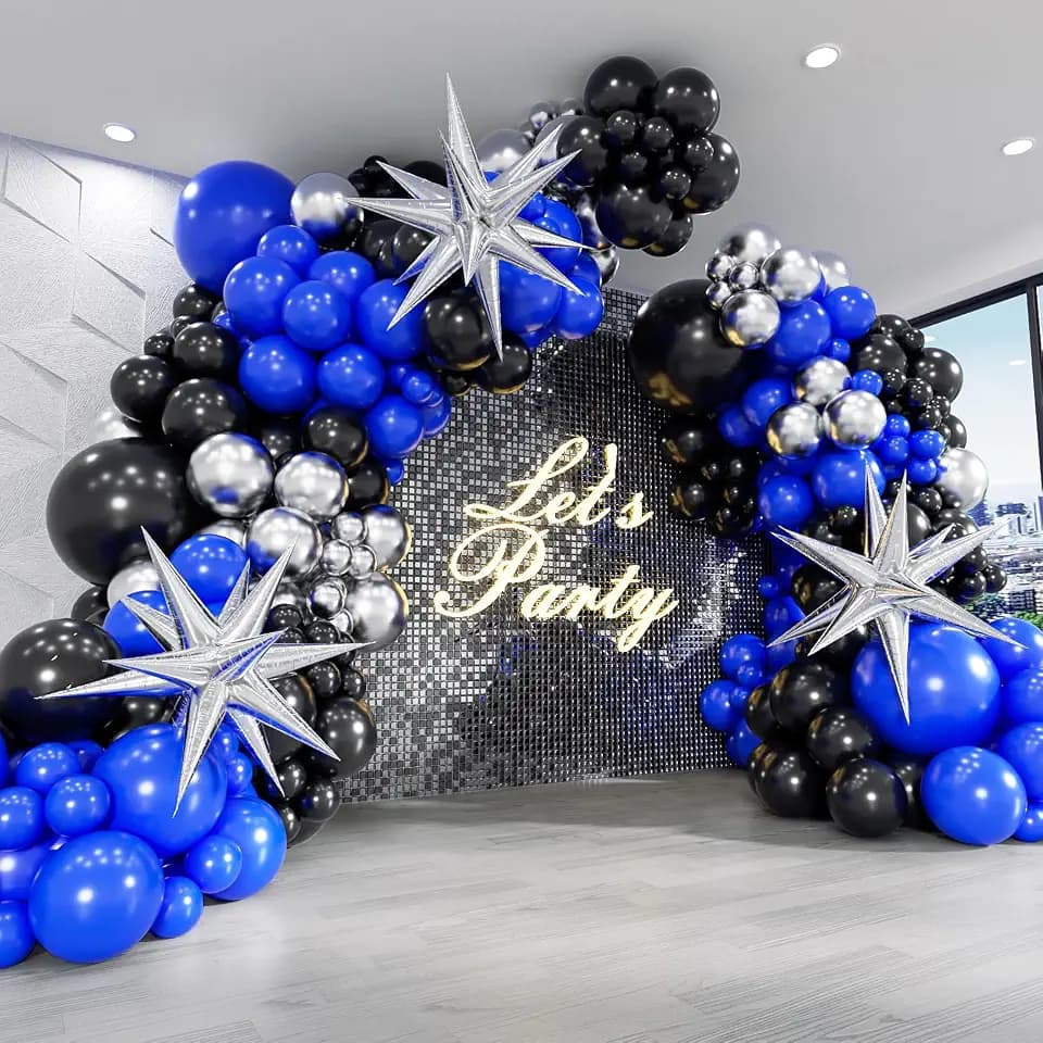 Royal Blue Black Balloon Arch with Foil Blue Metallic Silver Black Balloons