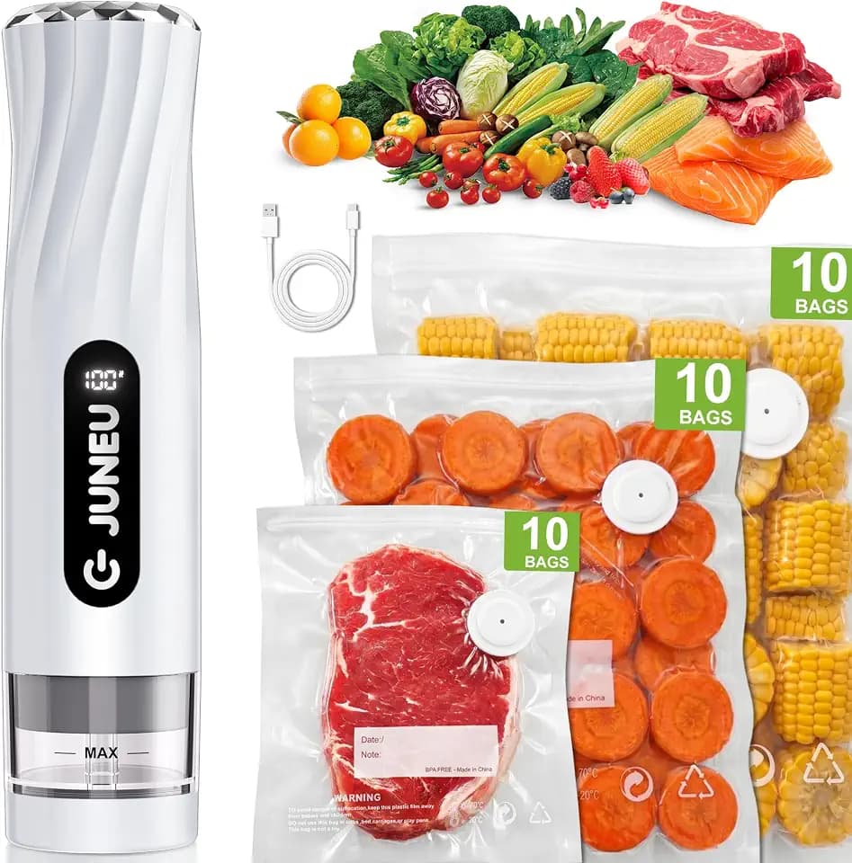 JUNEU Handheld Food Vacuum Sealer + 30 Reusable Bags - for Home Kitchen Use