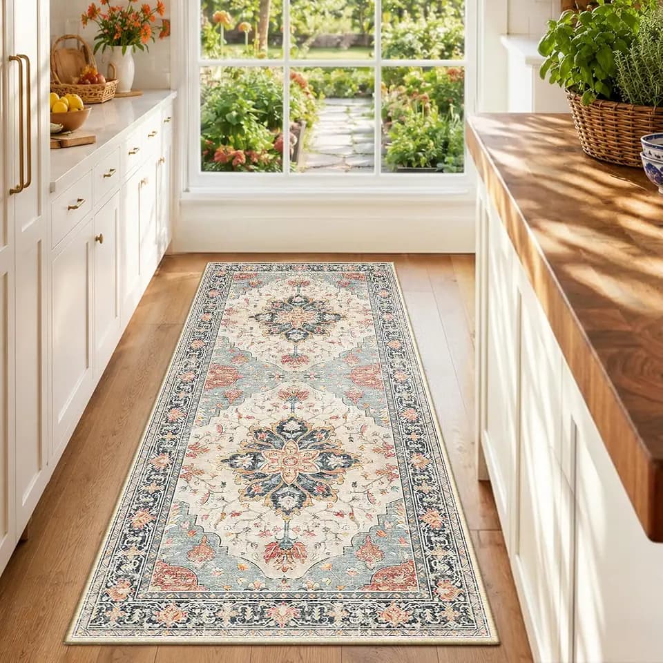 RELEANY Washable Area Rug, Runner 2'x6', Beige/Blue/Orange