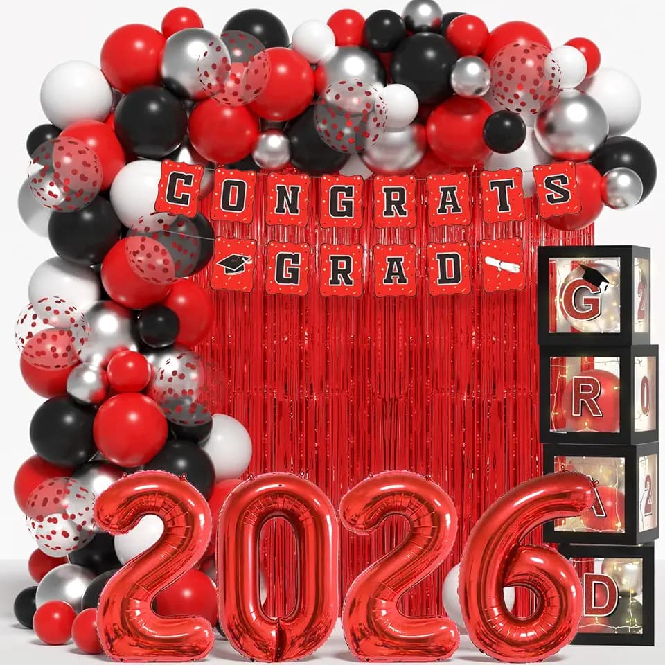 Graduation Decorations Class of 2026: Red and Black Graduation Balloon Garland Arch Kit with Gongrats Grad Banner, Letters Foil Curtains Backdrop,Congrats Grad Boxes