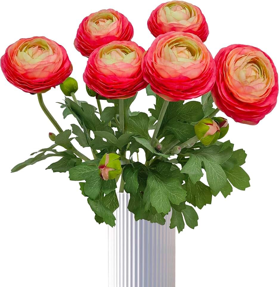 ATFL Pink Ranunculus Artificial Flowers,6 Pcs Artificial Faux Silk Ranunculus Flowers with Real Touch Stems,Fake Peony Flowers for Floral Arrangements DIY Wedding Bouquet Party Table Home Decor