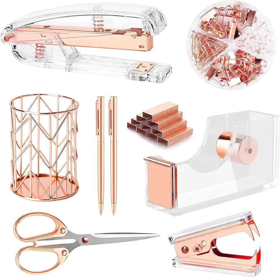 Famassi Rose Gold Desk Accessories,Office Supplies Set Acrylic Stapler Set Staple Remover, Tape Holder, 2 Ballpoint Pen, Scissor, Binder/Paper Clips and 1000pcs Staples.
