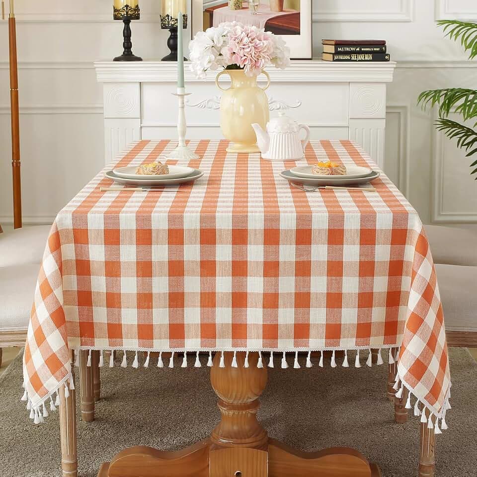 Alsoo Fall Gingham Tablecloth Rectangle Cotton Linen Style, 55 x 120