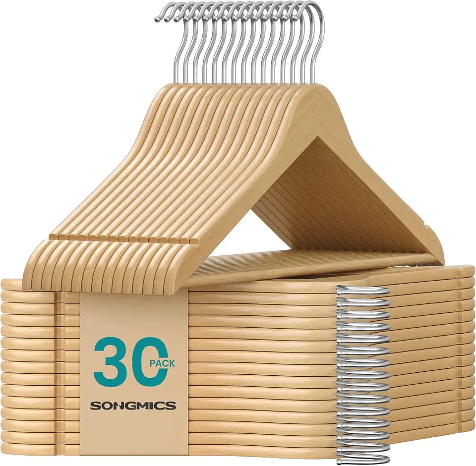 SONGMICS Wooden Hangers, 30 Pack, Basic Wood Clothes Hangers, Space Saving