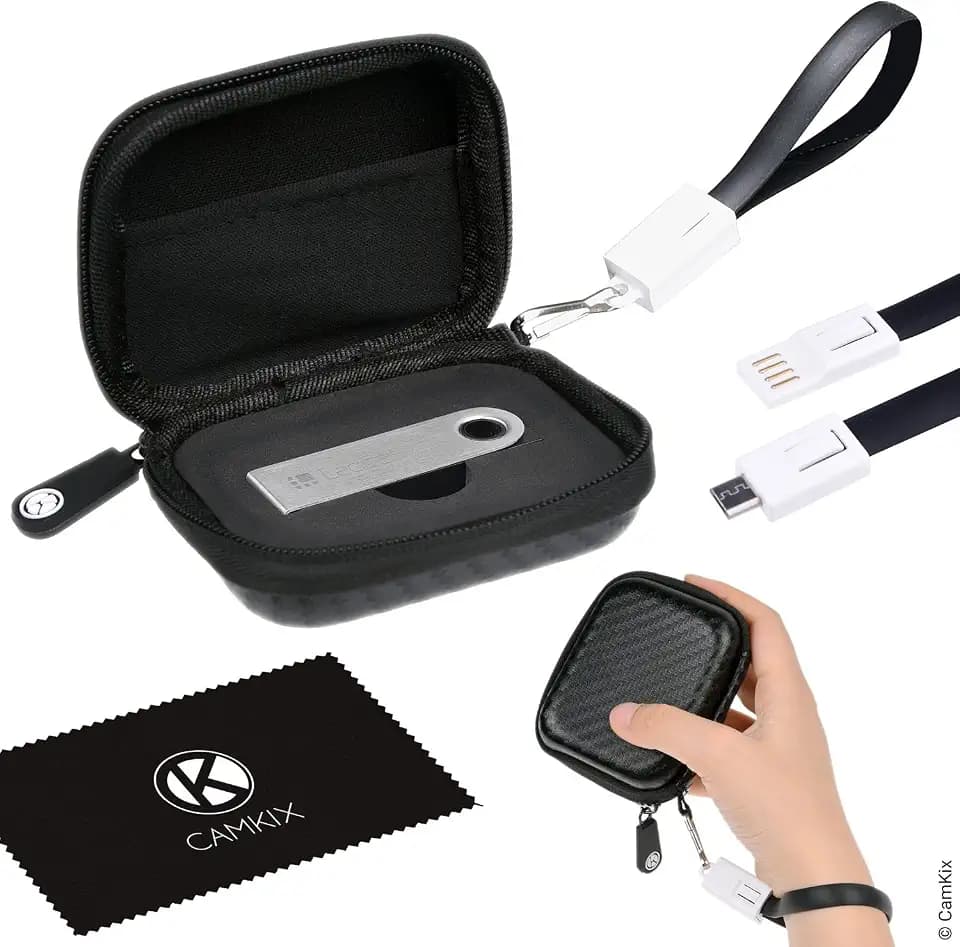 CAMKIX Schutzhülle für Ledger Nano S Bitcoin/Kryptowährung Wallet inkl. USB Schlaufe für Transport, Power und Datentransfer - Robustes Nylon Hartschalen Gehäuse mit Netztasche - Leicht, Sicher