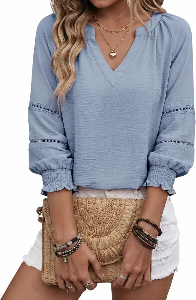Dokotoo Womens 3/4 Sleeve Tops Pleated Business Casual Outifits V Neck Blouses Office Loose Shirts