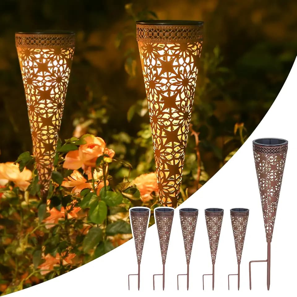 6 Stück Solarleuchten für Außen Metall, Blumen Solarleuchten Garten Vintage mit Erdspieß, 15LM Solarlampen für Außen Garten IP65 Wetterfest, Gartenleuchten Solar für Balkon Geschenk Frauen (Rostoptik)