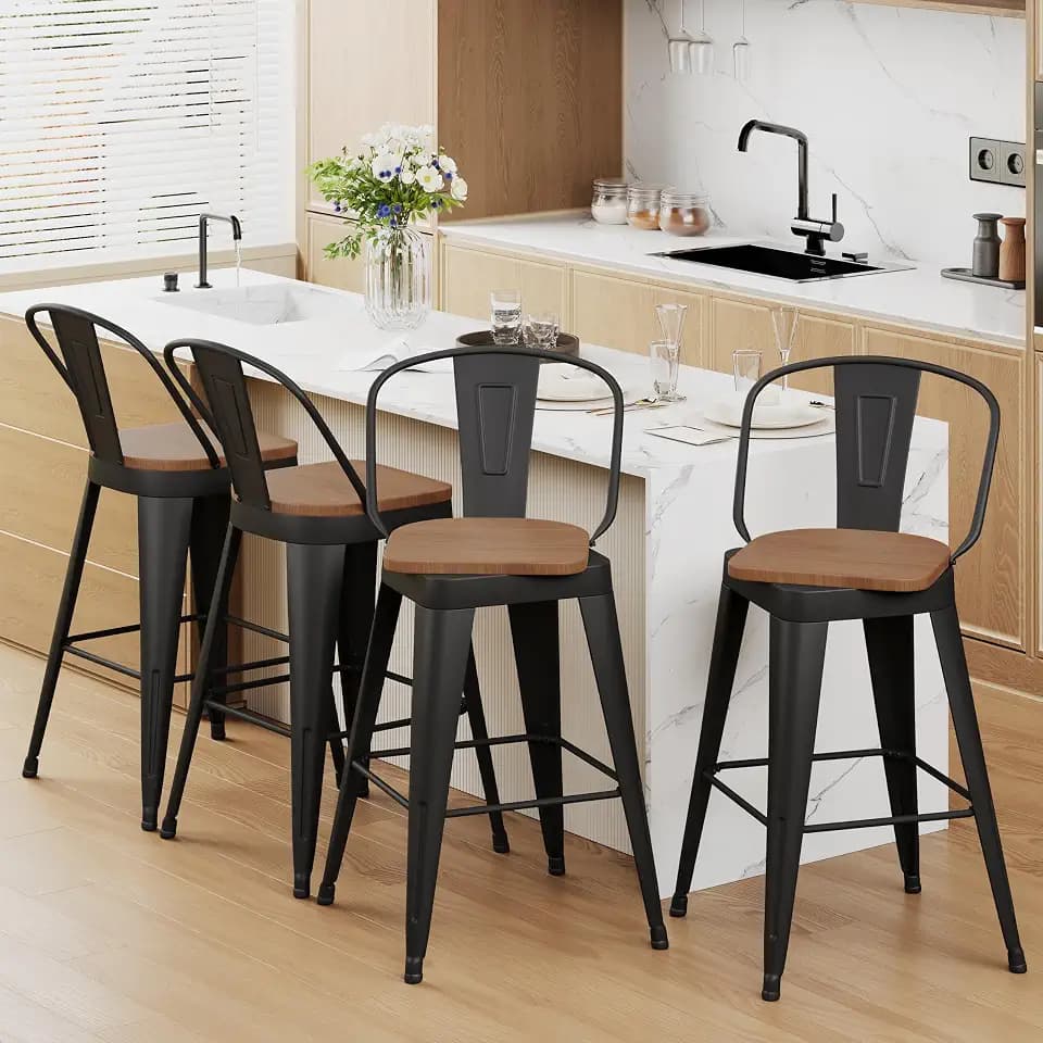 Aklaus Swivel Bar Stools 26 inch Swivel Metal Counter Height Barstools Set of 4 Modern Farmhouse Bar Chairs with High Backs and Large Wooden Seat for Kitchen Island Dining Room Matte Black