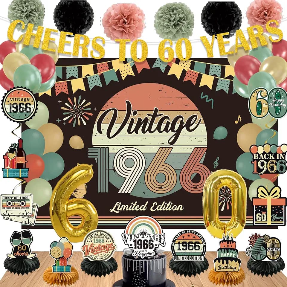 Vintage 47Pcs 60th Birthday Decorations for Men & Women, Pre-Assembled Set.
