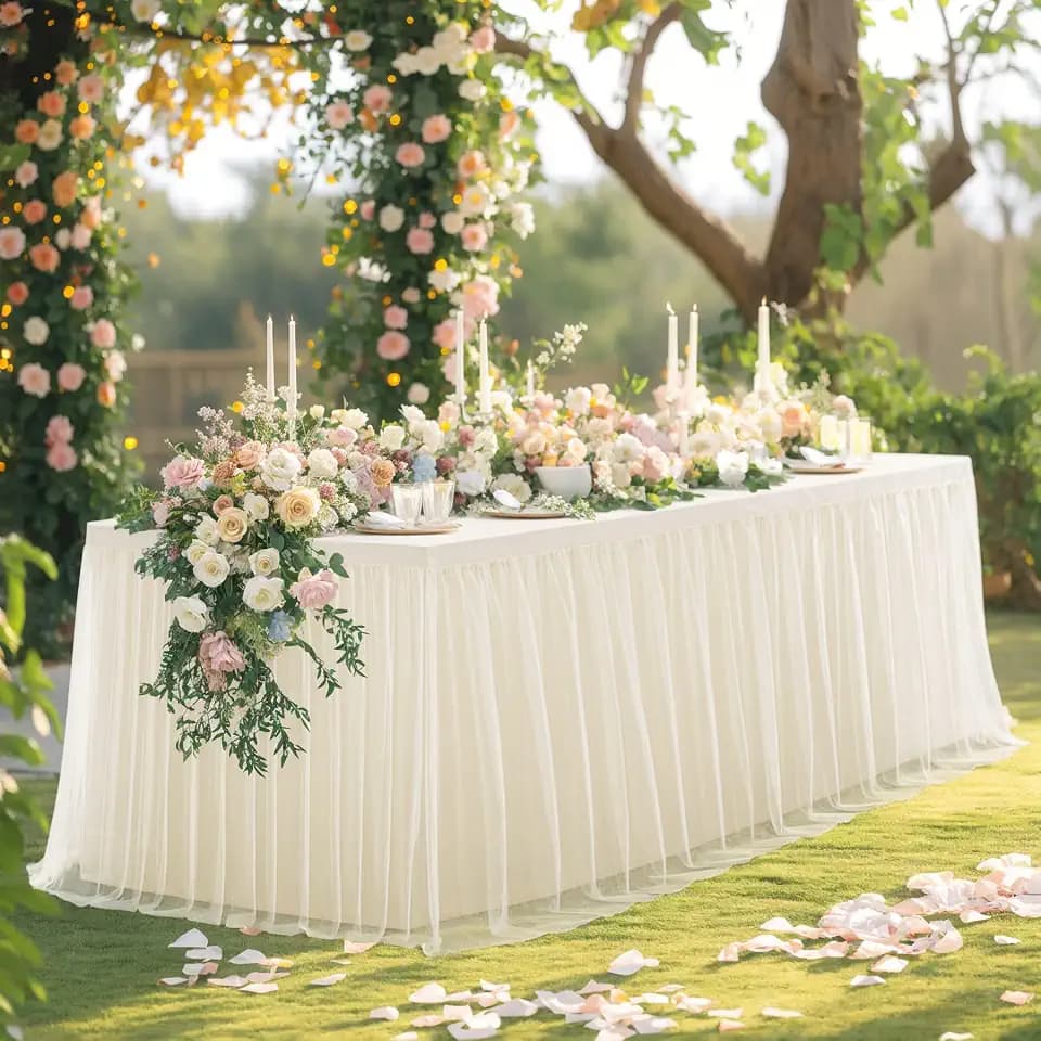 Champagne Table Cloth for 8 Foot Rectangle Tables, Stretch Fitted Tulle Table Covers Skirt, Rectangular Ruffle Tutu Tablecloth Wedding Banquet Baby Shower Cake Tablecloths Decorations