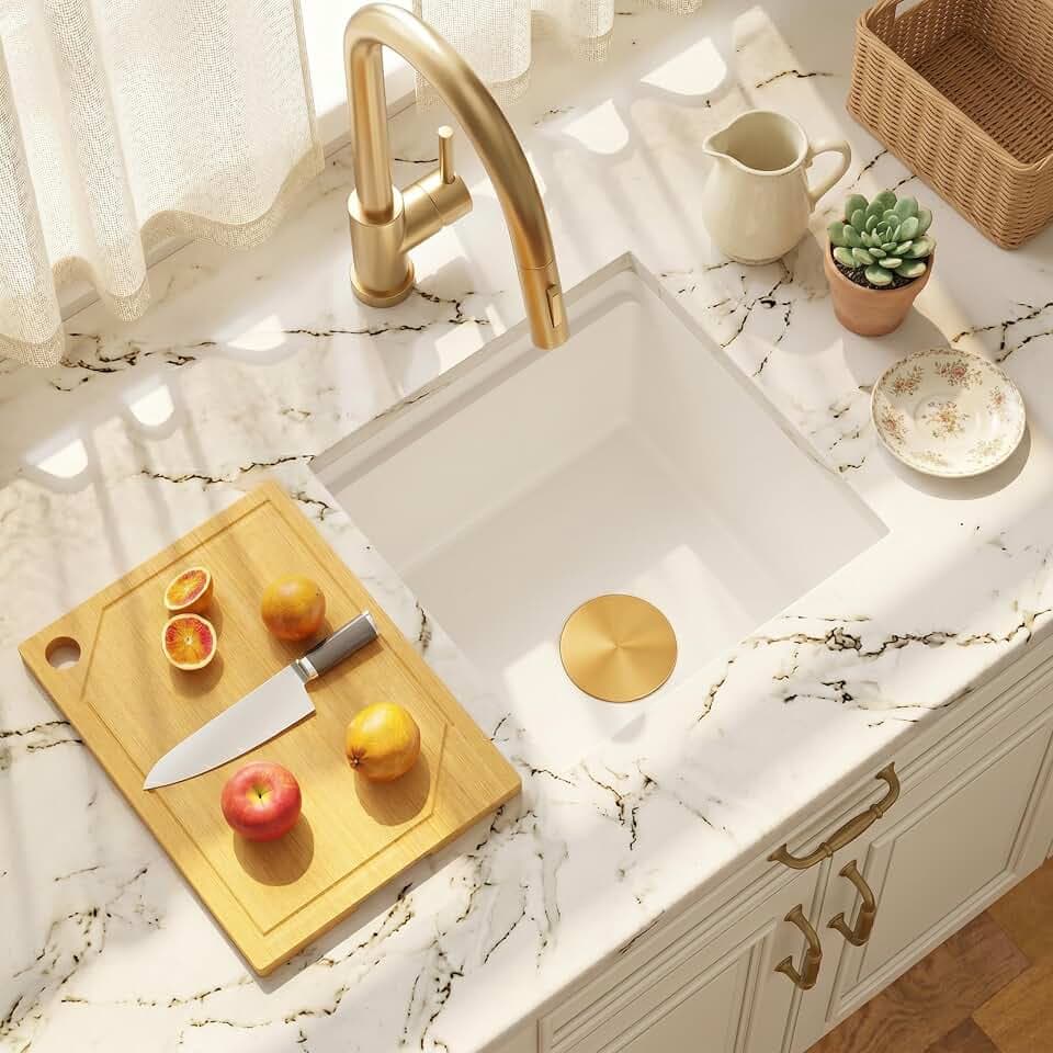 MILOSEN White Undermount Bar Sink, 16×16 Inch Small White Granite Composite Wet Bar or Prep Sinks with Cutting Board, 9 Inch Deep Outdoor Single Bowl Small Workstation Sink with Gold Accessories