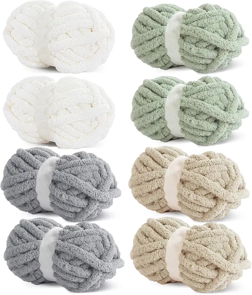 HOMBYS Chunky Chenille Yarn for Crocheting, Super Bulky Jumbo Yarn for Hand Knitting, 3/4" Thick Soft Yarn for Blankets, 8 Skein Pack (27 yds / 8 oz Each), Multi Assorted Cream Khaki Sage Grey