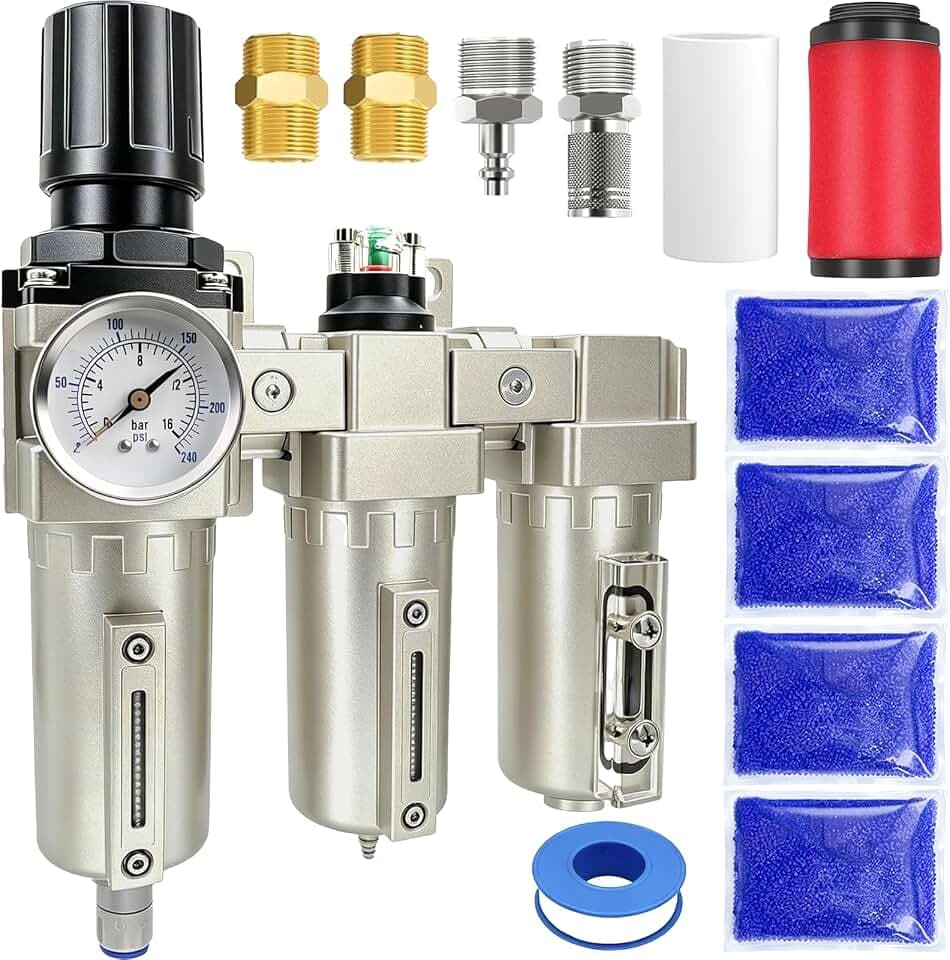 Upgraded 3/4" NPT Heavy Duty Industrial Grade 3 Stage Air Drying System, Particulate Filter, Coalescing Filter, Desiccant Dryer & Air Regulator - for Plasma Cutter, Paint Spray(Auto Drain)