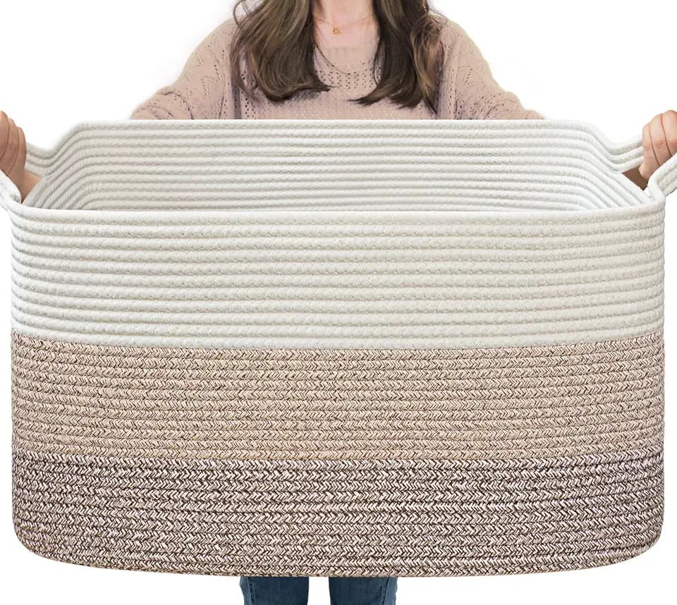 Goodpick Large Woven Rope Blanket Basket, Rectangle, Light Brown