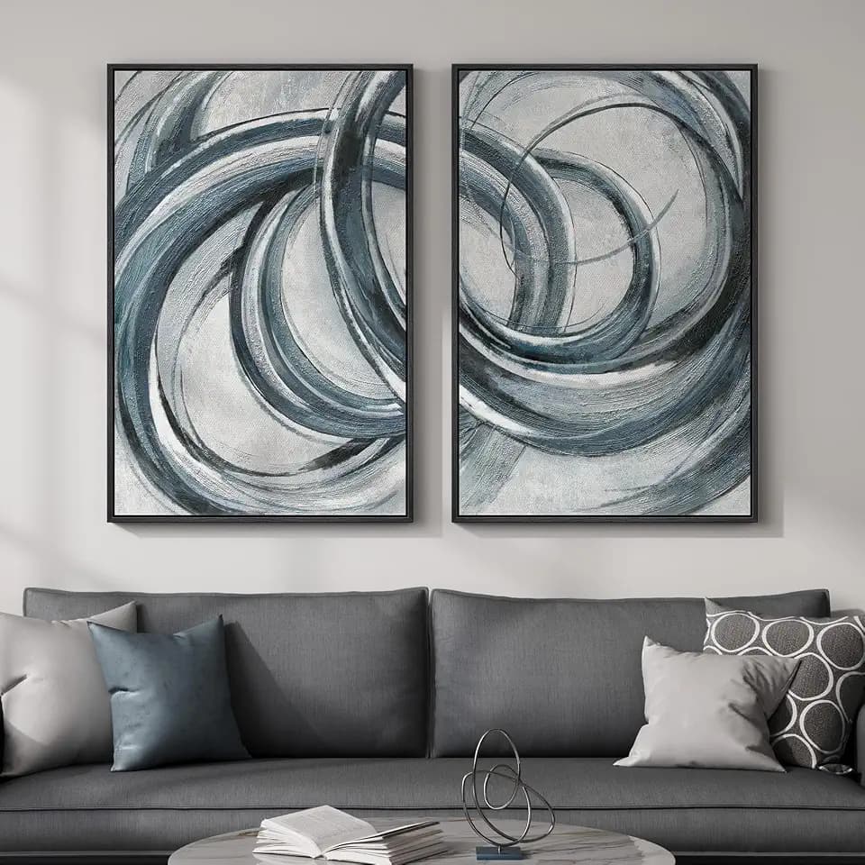Large Framed Blue Gray Circle Abstract Wall Art for Living Room, 24x36 Inch