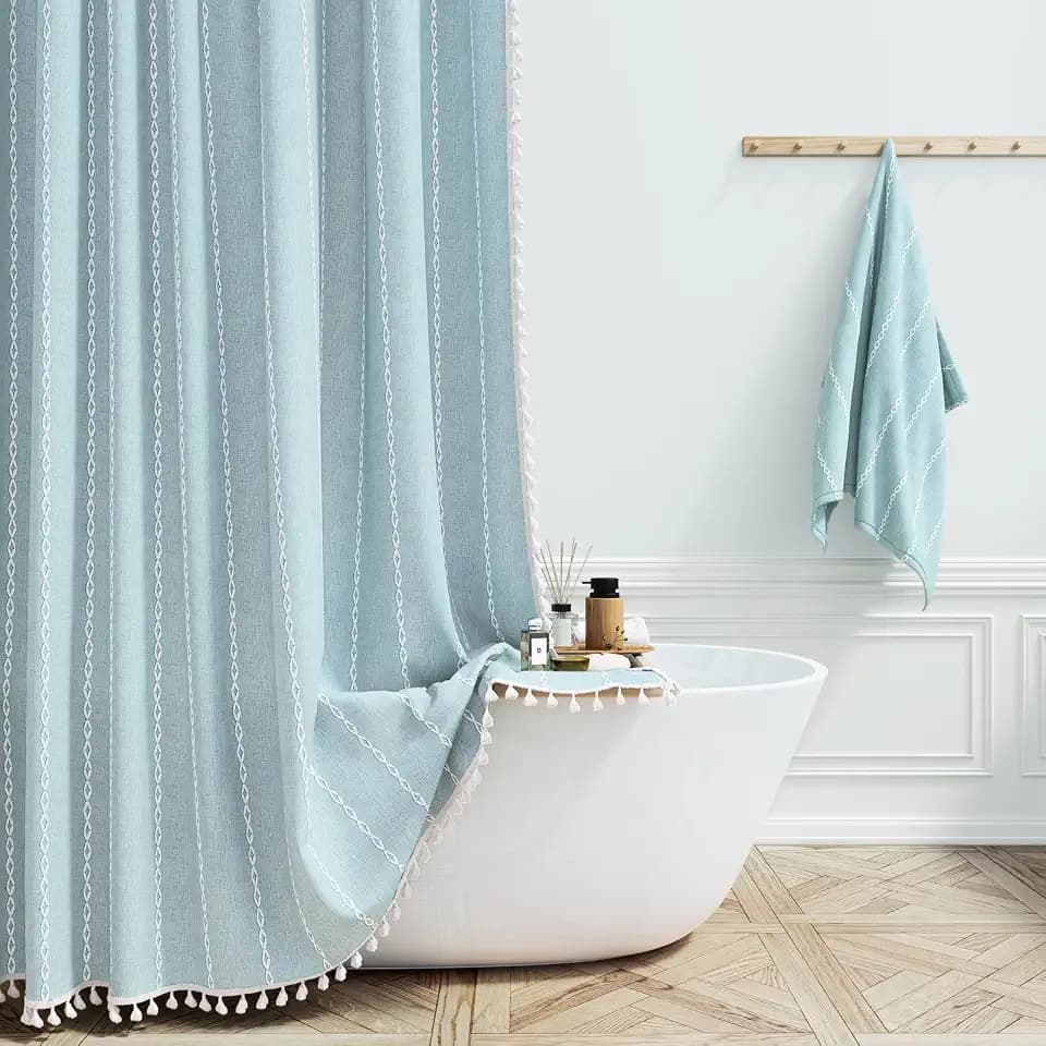 BTTN Small Boho Linen Heavy Duty Cloth Shower Curtain Set, 36x72, Fog Blue