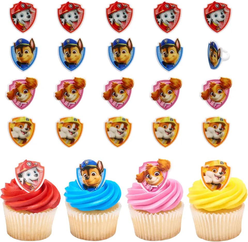24 x PAW Patrol Pups To The Rescue Cupcake Rings by DecoPac, Cake Decorations Featuring Chase, Marshall, Skye, And Rubble - 24 Pack