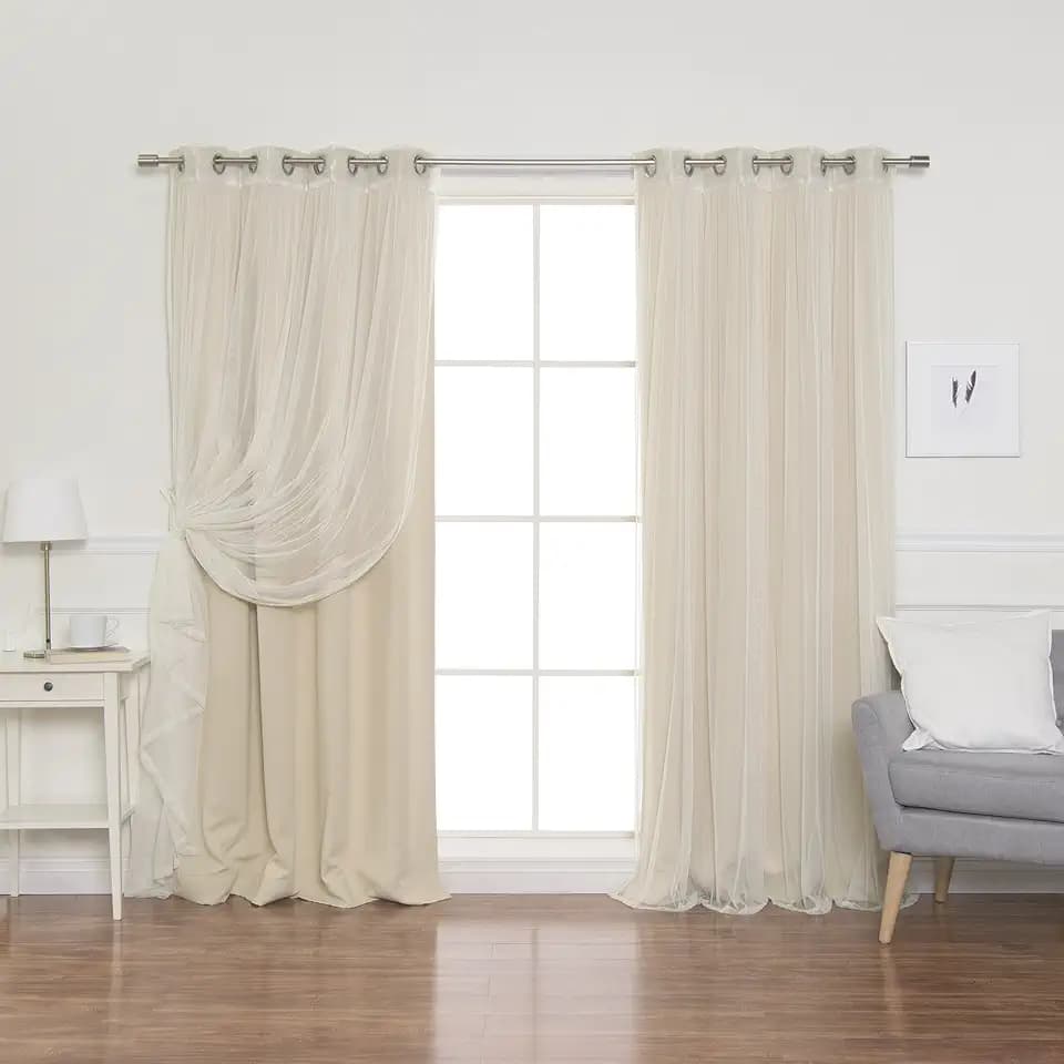 Best Home Fashion uMIXm Mix and Match Tulle Sheer Lace and Blackout 4 Piece Curtain Set – Stainless Steel Nickel Grommet Top – 2 sheers and 2 Blackout Panels – 52" W x 84" L – Beige