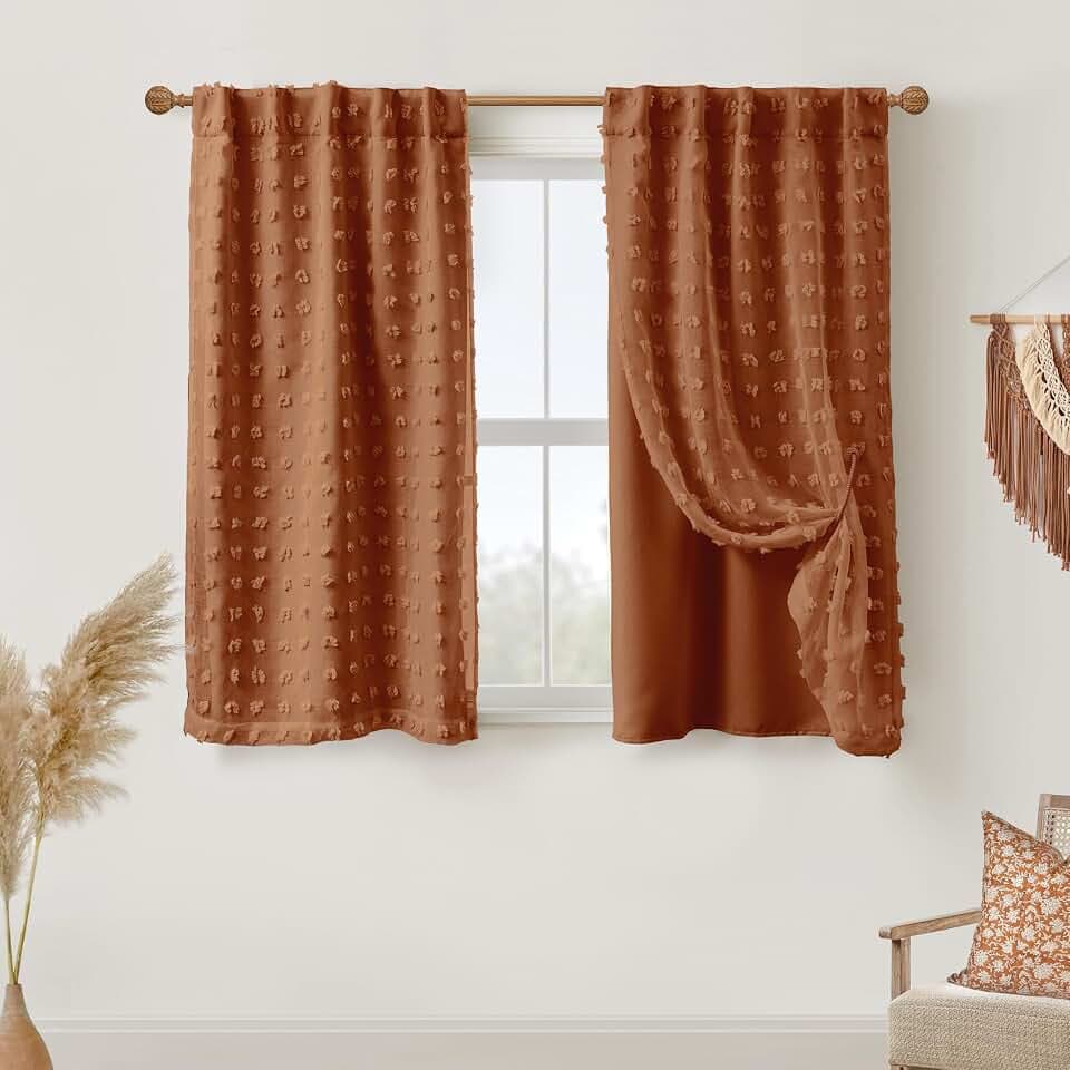 Lino Rosa Short Blackout Curtains for Bedroom Windows Nursery,Boho Patterned Sheer Terra Cotta Black Out Curtains 54 Inch Long