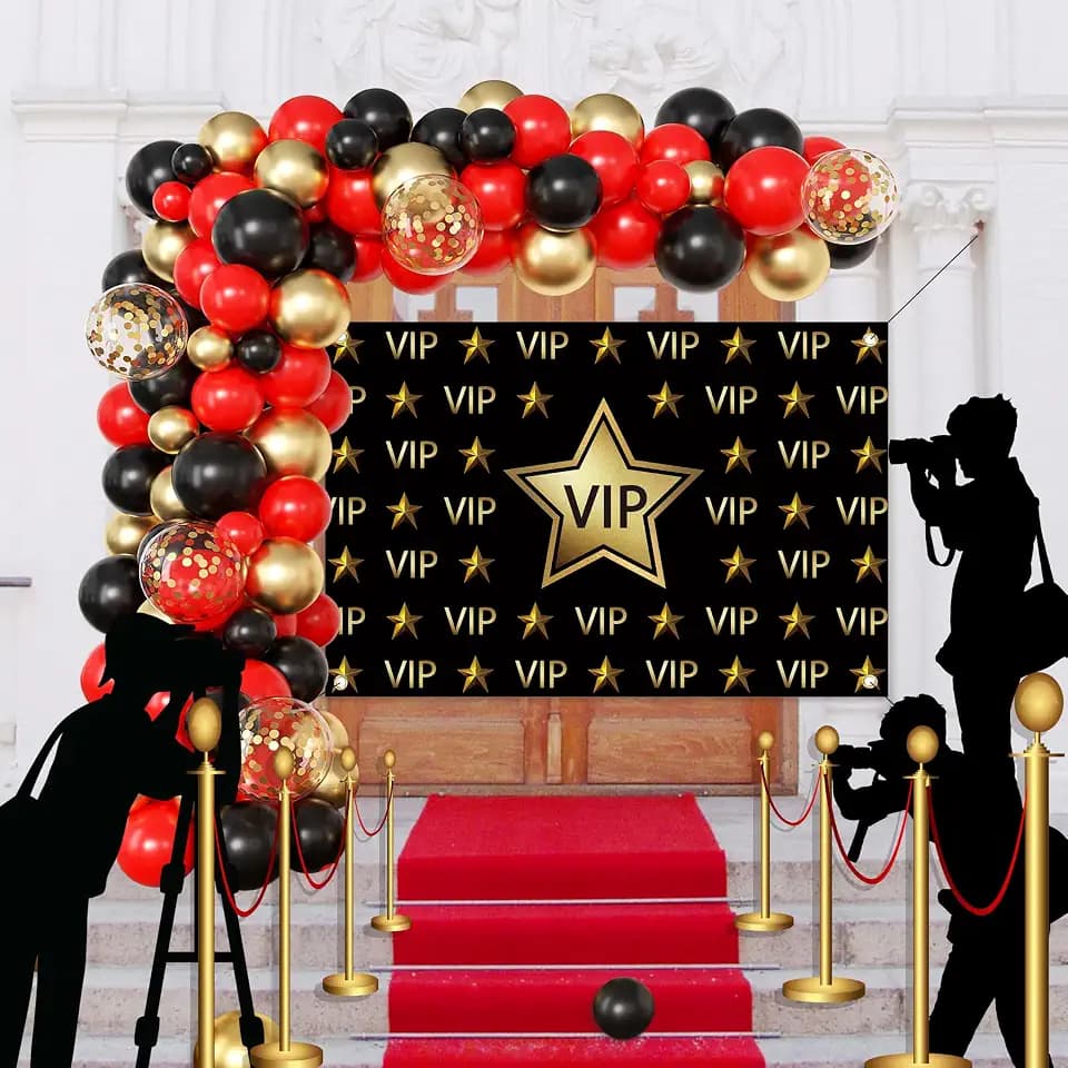 Vip Party decorations - Red Carpet Party Decorations with VIP Photography Backdrop, Gold Black Red Balloons for Hollywood Themed Events, Birthday Parties, Photo Booth Props