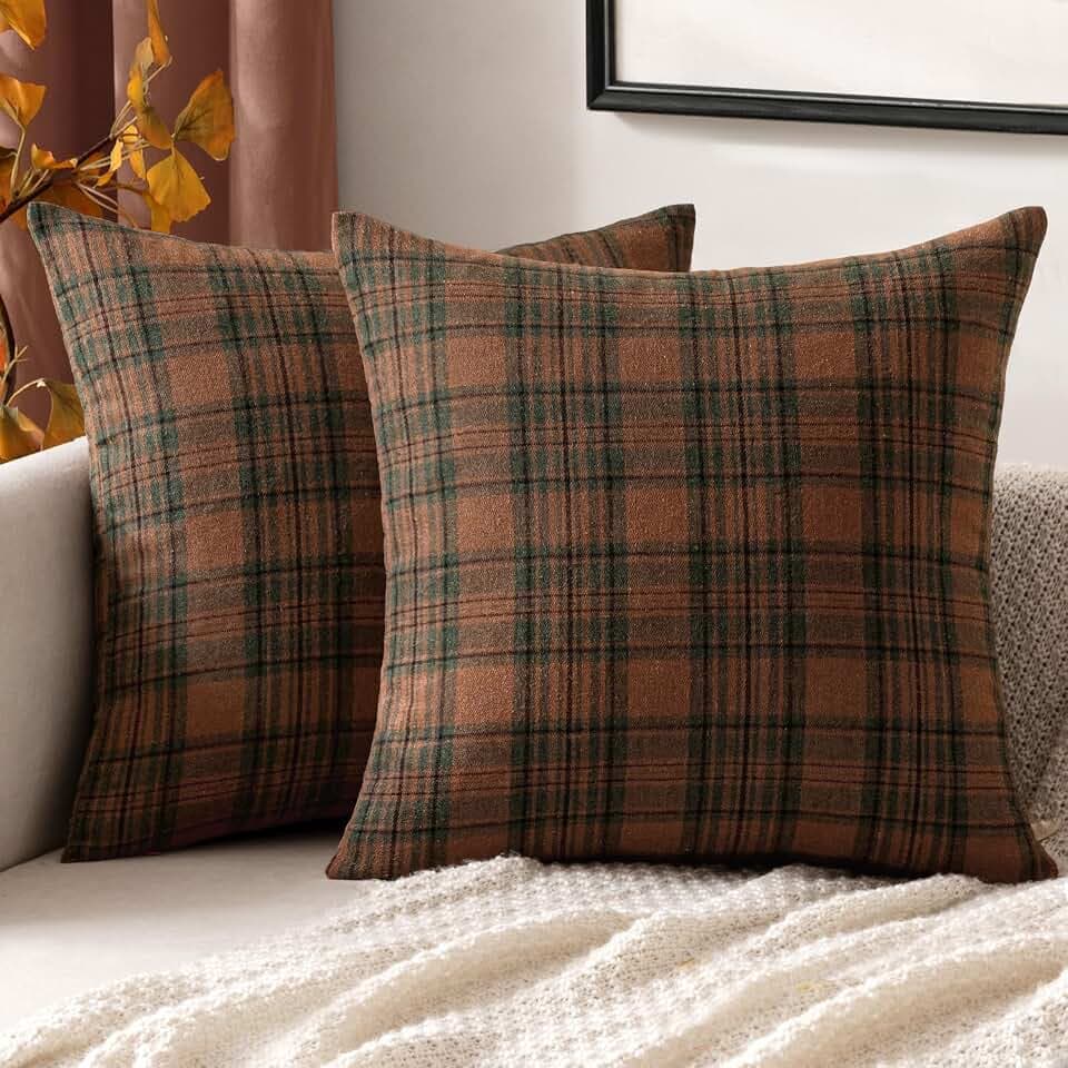 MIULEE Fall Plaid Pillow Covers Scottish Tartan 18x18 Terracotta Brown