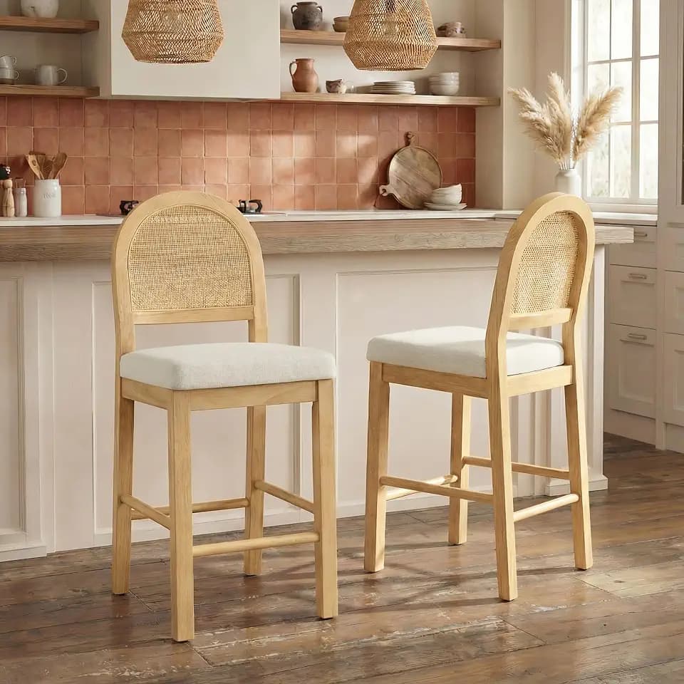 Rattan Counter Height Bar Stools Set of 2, Upholstered Farmhouse Barstools with Natural Rattan Back, Wooden Legs for Kitchen Island, Natural/Linen