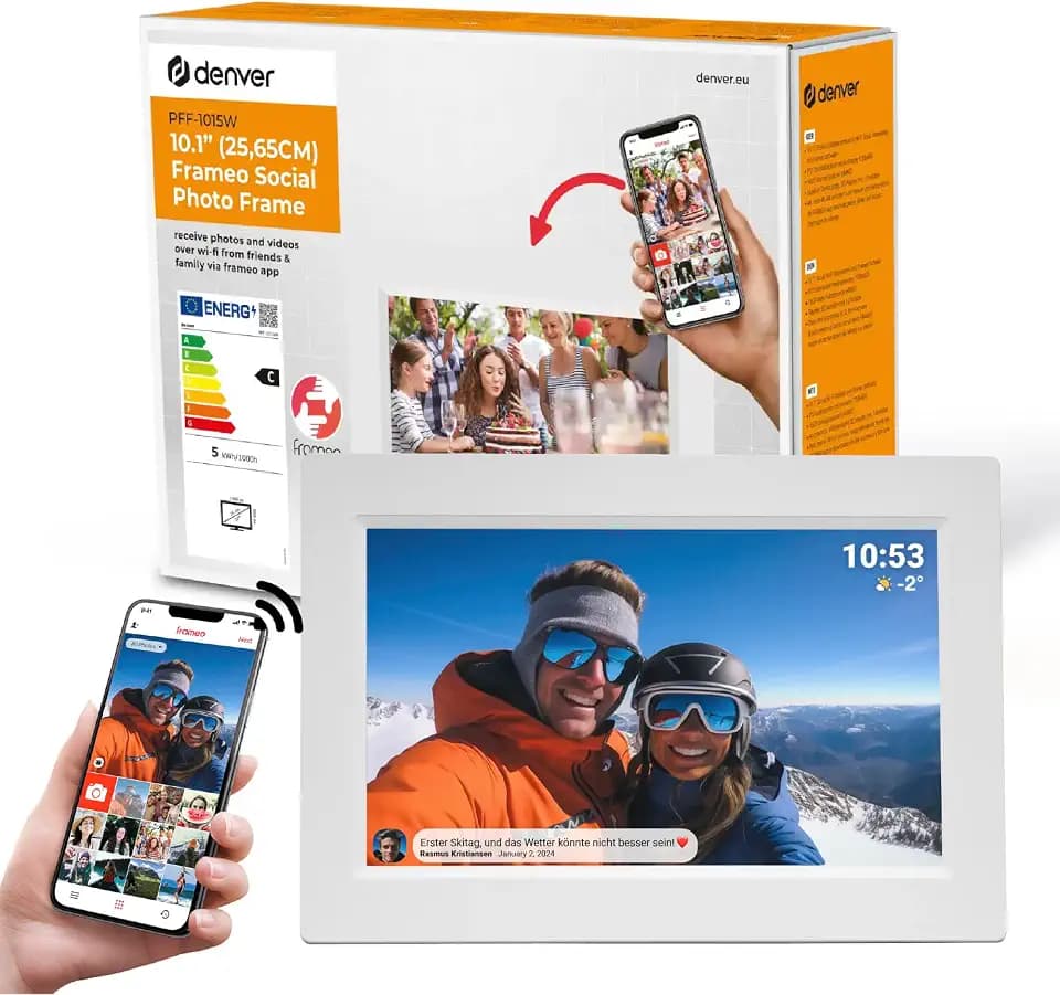 Denver Digitaler Bilderrahmen Weiß 10,1 Zoll mit WLAN – Frameo Digital Photo Frame mit Touchscreen & 16 GB Speicher – Elektrischer Fotorahmen mit App‑Steuerung - USB & microSD