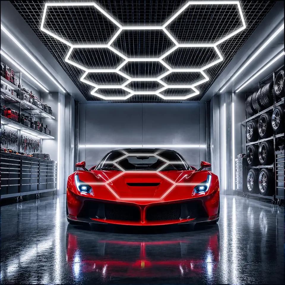 LZHOME Hexagon LED Garage Light Fixture: 11 Grids 39600LM Super Bright Honeycomb Led Ceiling Lights, 5000K Natural White, Hexagon Light for Garage Basement Warehouse Gym Car Detailing Shop