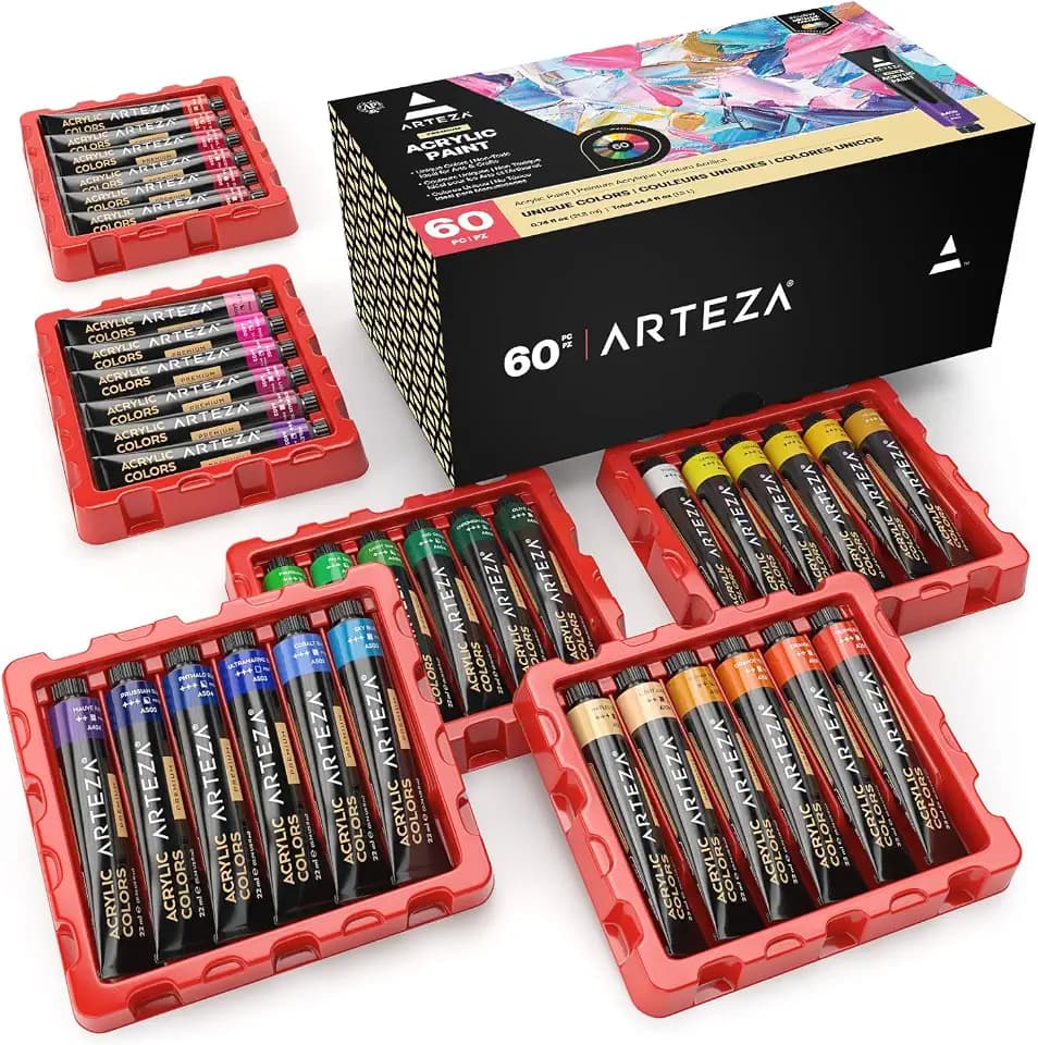 ARTEZA Acrylic Paint Set, 60 Colors, 22 ml Tubes, High-Viscosity